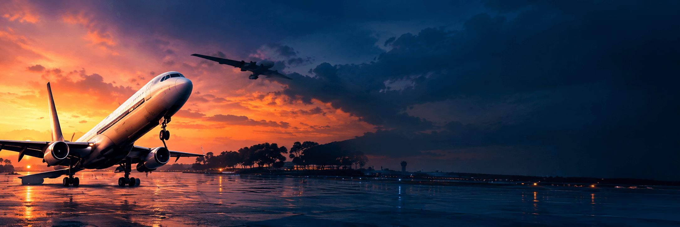 Airliner climbing towards sunset skies