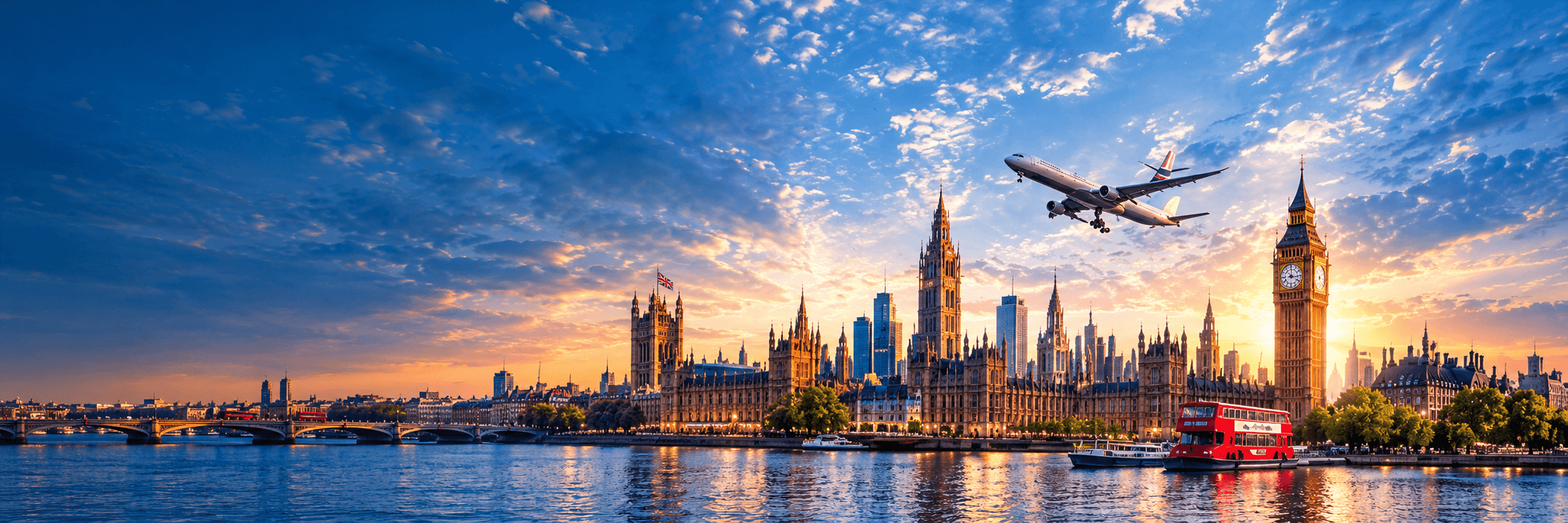 Panoramic London skyline with Big Ben and plane taking off at sunset
