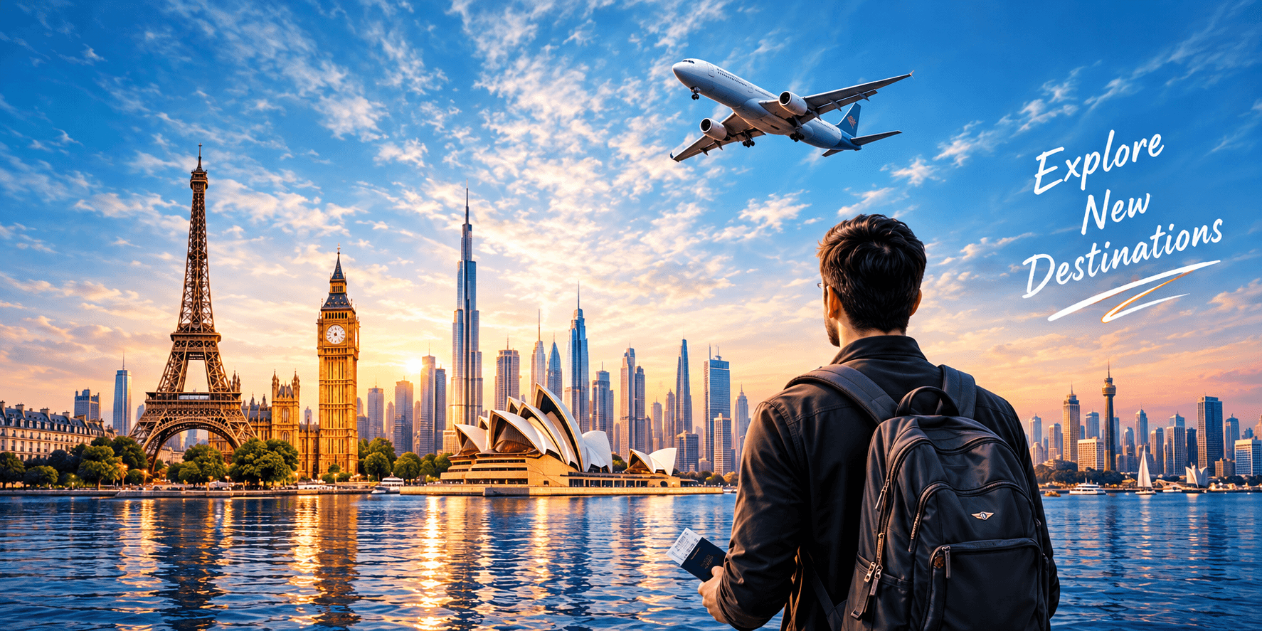 World landmarks with a plane taking off