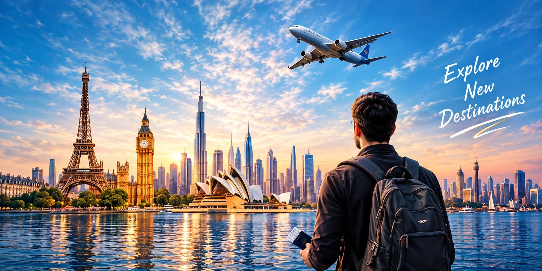 Traveler looking out at world landmarks with a plane taking off