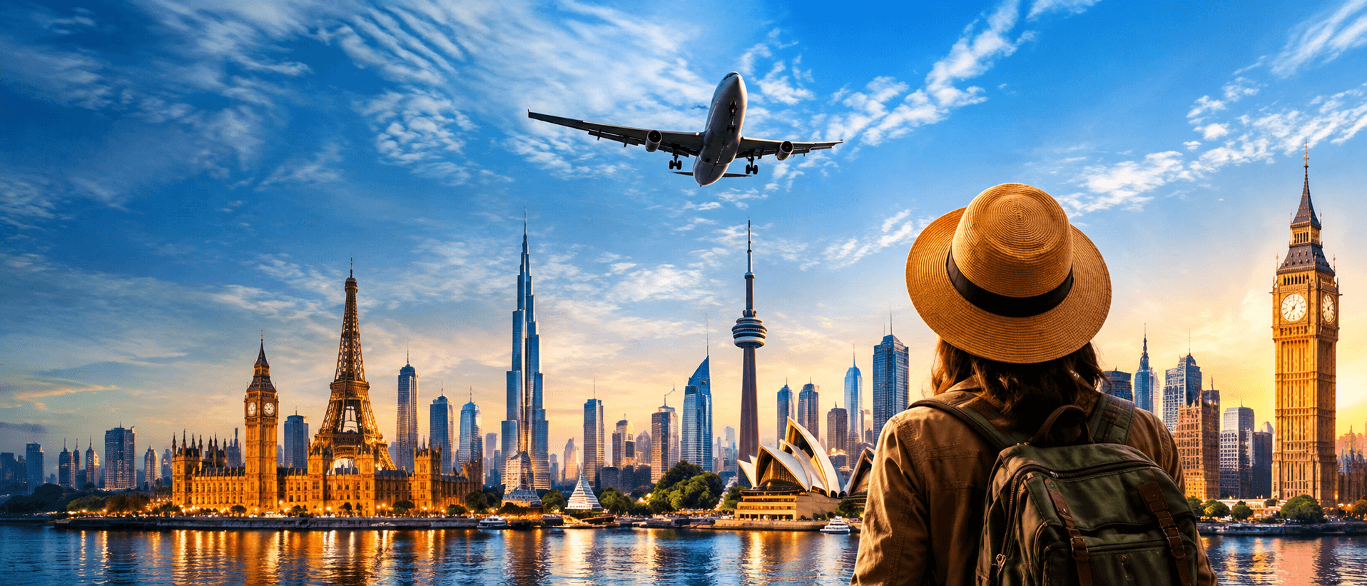Traveler in a sun hat looking out over world landmarks with a plane flying overhead